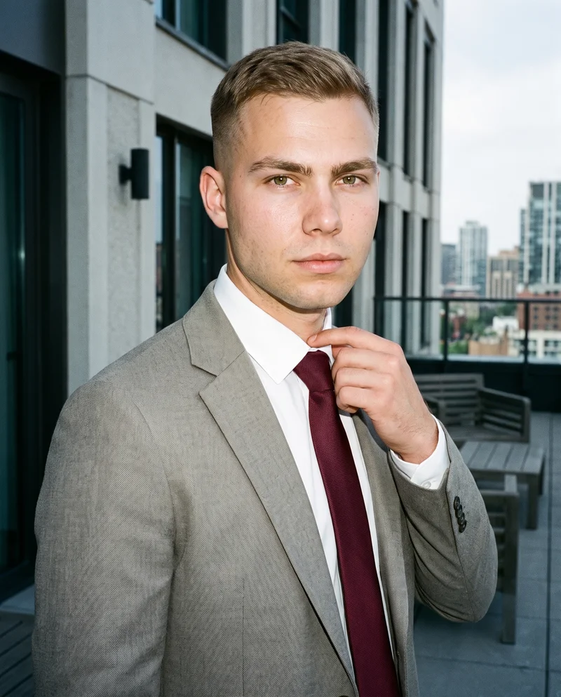 A 25-year-old Caucasian man is shown from the upper body at a front three-quarter angle wearing a burgundy tie. One hand rests at his collarbone, and his expression is neutral. A penthouse terrace serves as the backdrop.