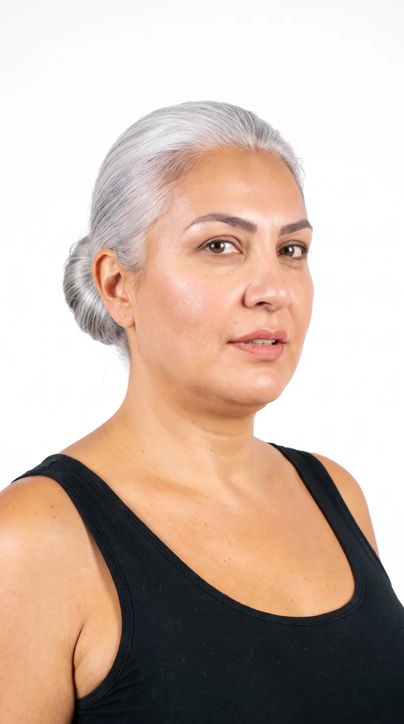 A 46-year-old Turkish woman with a medium, evenly warm golden skin tone and an angular face defined by sharp cheekbones and jawline. She has medium-thickness eyebrows, green eyes, and medium-sized lips. Her silver-grey hair is wound into a rounded bun.