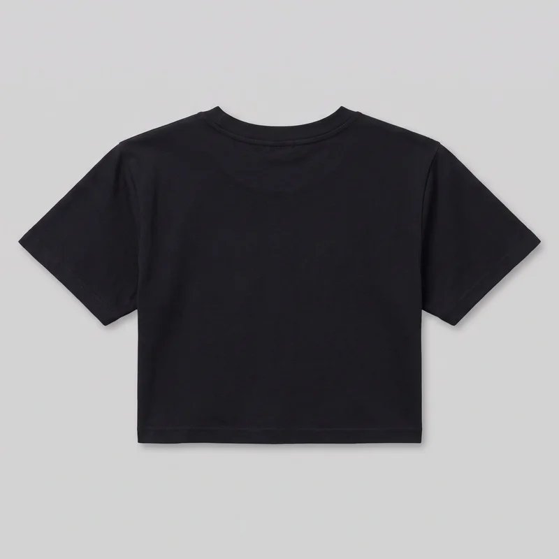 A black cropped-looking short-sleeve crewneck T-shirt is shown in a flat standalone front view. It has a straight, boxy silhouette, a ribbed crew neck with visible seam stitching, set-in sleeves, and stitched turnback hems at the sleeve openings and straight bottom hem. No closures, pockets, logos, prints, patches, embroidery, or embellishments are visible.