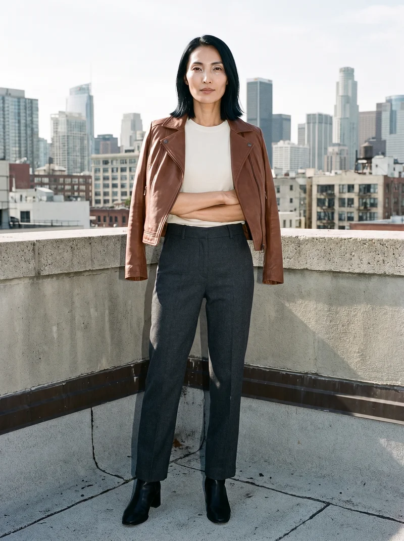 A 37-year-old Japanese woman wears a brown leather jacket in a full-body front view, standing with her arms crossed and a natural expression. A rooftop cityscape forms the backdrop.