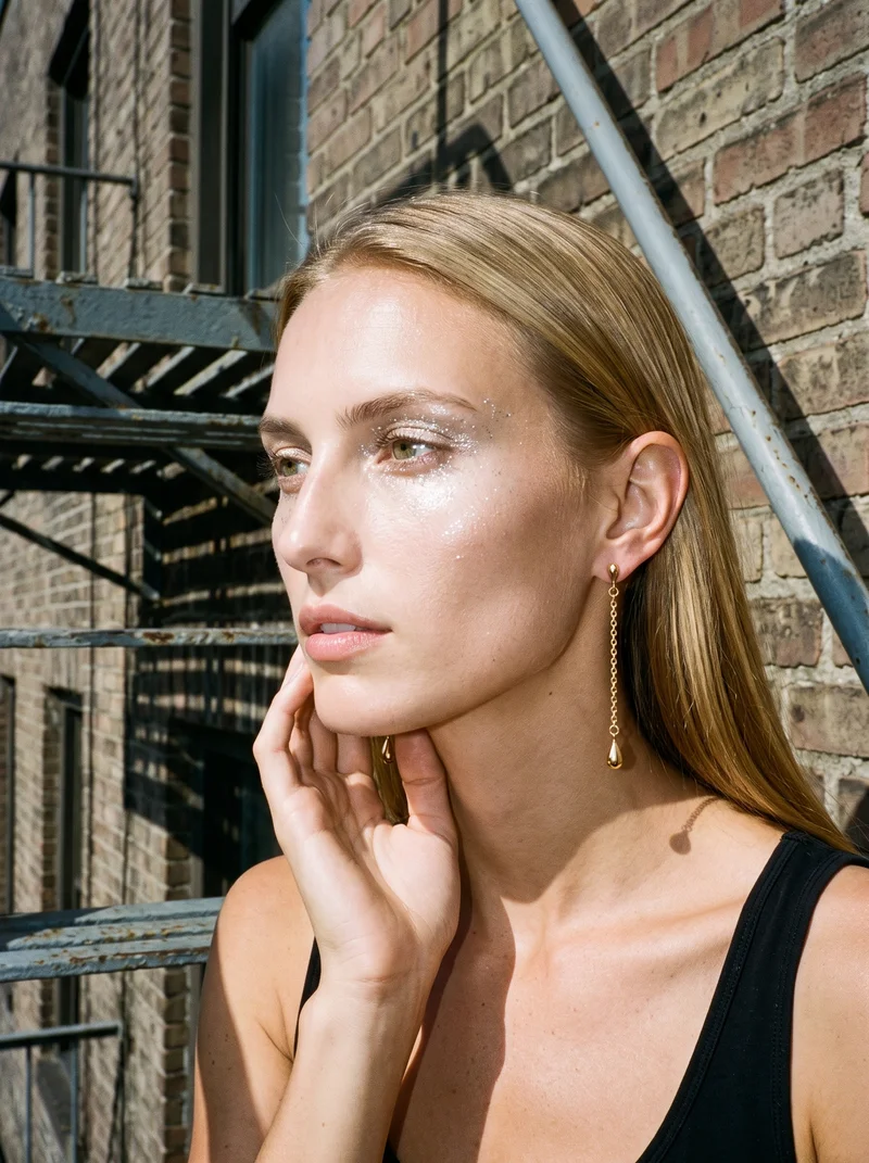 Gold Drop Earrings, Head at Three-quarter, Flash Editorial lighting