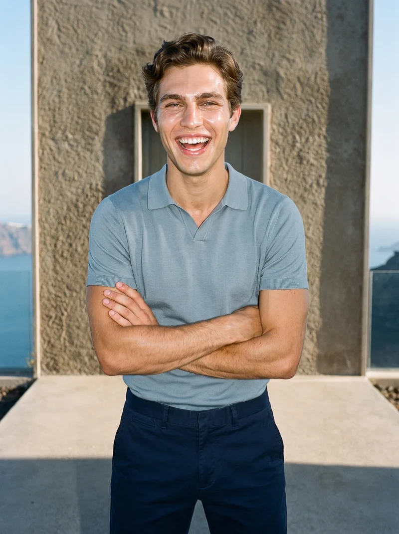 A 24-year-old Caucasian man wears men’s navy chinos in a three-quarter-length front three-quarter view, standing with his arms crossed and laughing. A Santorini caldera view forms the backdrop.