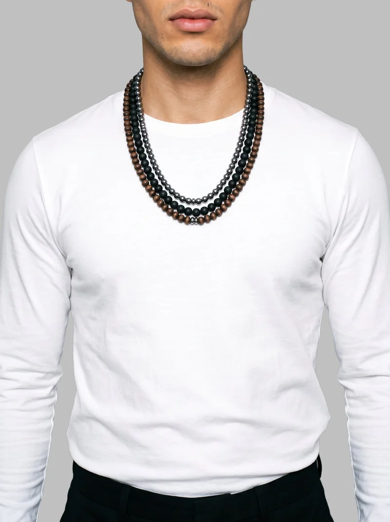 Men's Beaded Layered Necklace, Torso at Front, Studio Cutout lighting