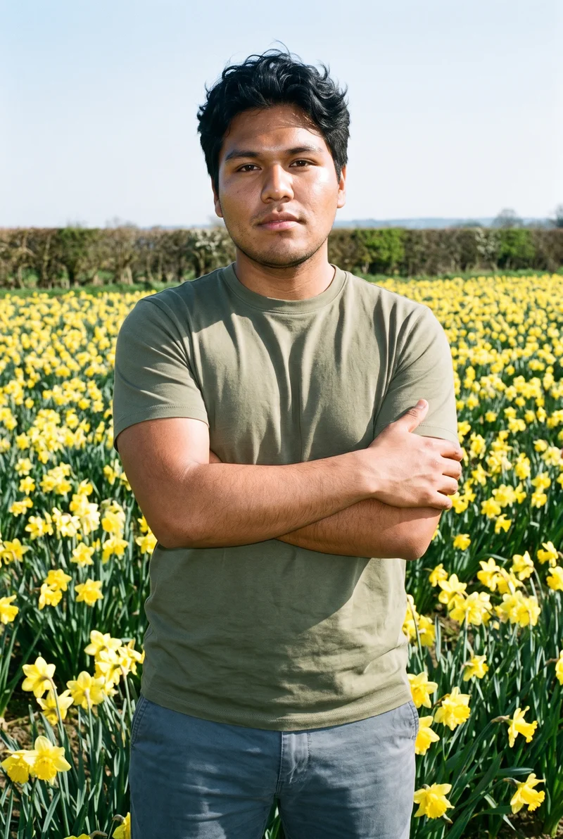 A 22-year-old Indigenous American man wears an olive oversized T-shirt in a front-view, three-quarter-length composition. He stands in a self-hug pose with a serious expression, with a daffodil field backdrop behind him.
