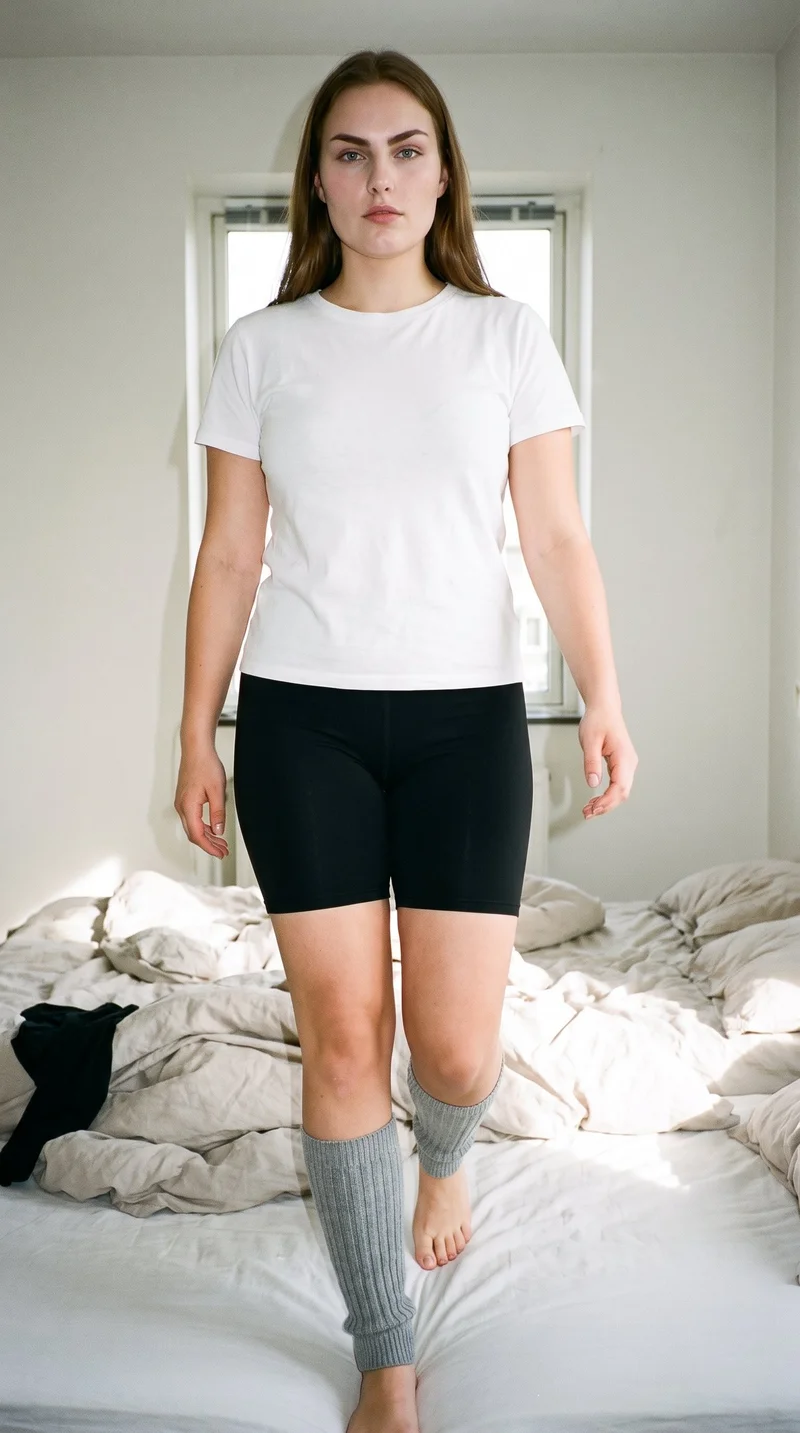 An 18-year-old Caucasian woman is shown full body from the front while walking, wearing grey ribbed leg warmers. Her expression is neutral, and a bedroom backdrop fills the scene.