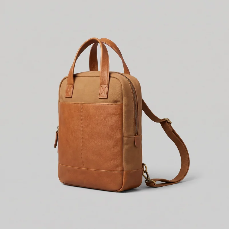 A tan mini backpack is shown upright in a standalone three-quarter view, displaying the front, one side, top handles, zipper track, and part of a shoulder strap with its hardware. The structured rectangular bag has rounded top corners, flat front paneling, contrasting textured side panels, piped edges, stitched seams, and a separate bottom band. Two arched carry handles, a main-compartment zipper wrapping over the top and side, and adjustable shoulder-strap hardware are visible. No logos, prints, patches, embroidery, or embellishments are visible.