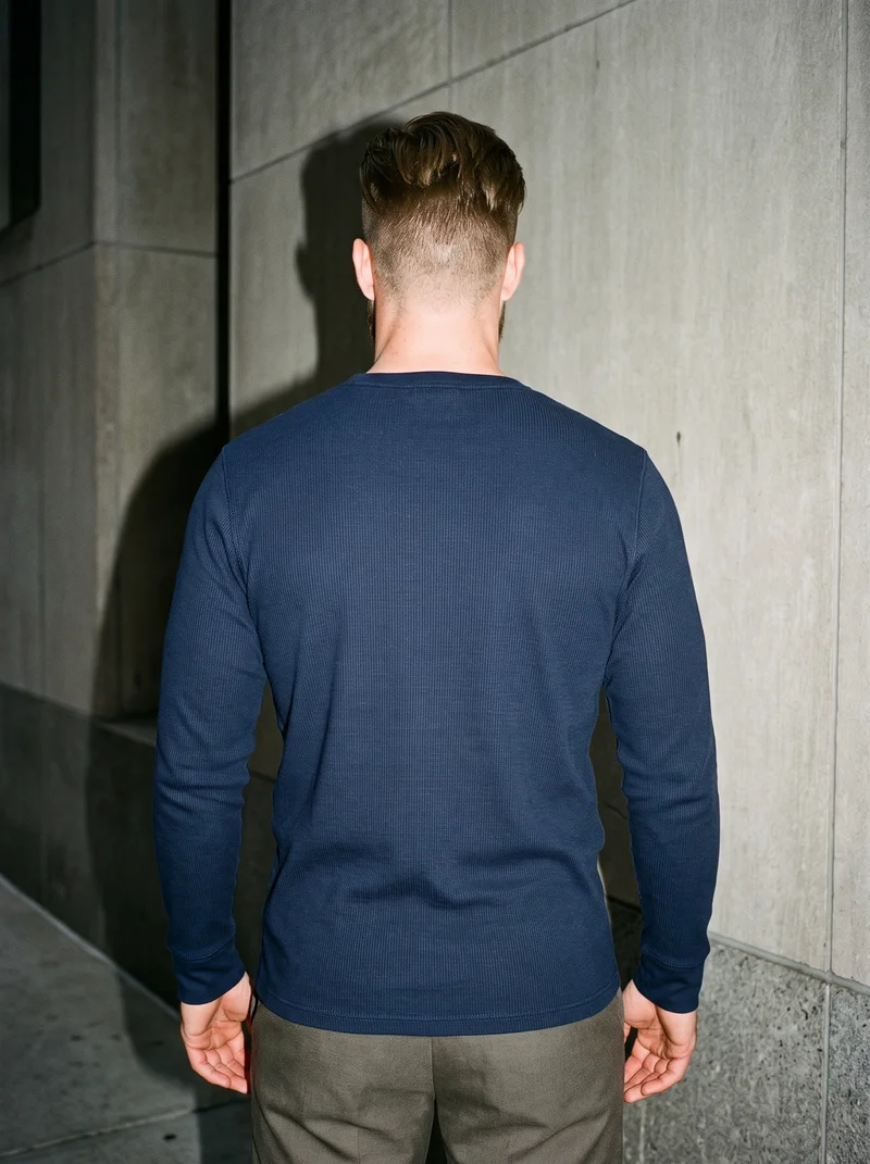 Men's Navy Long-Sleeve Thermal Top, Three-quarter length at Back, Flash Editorial lighting