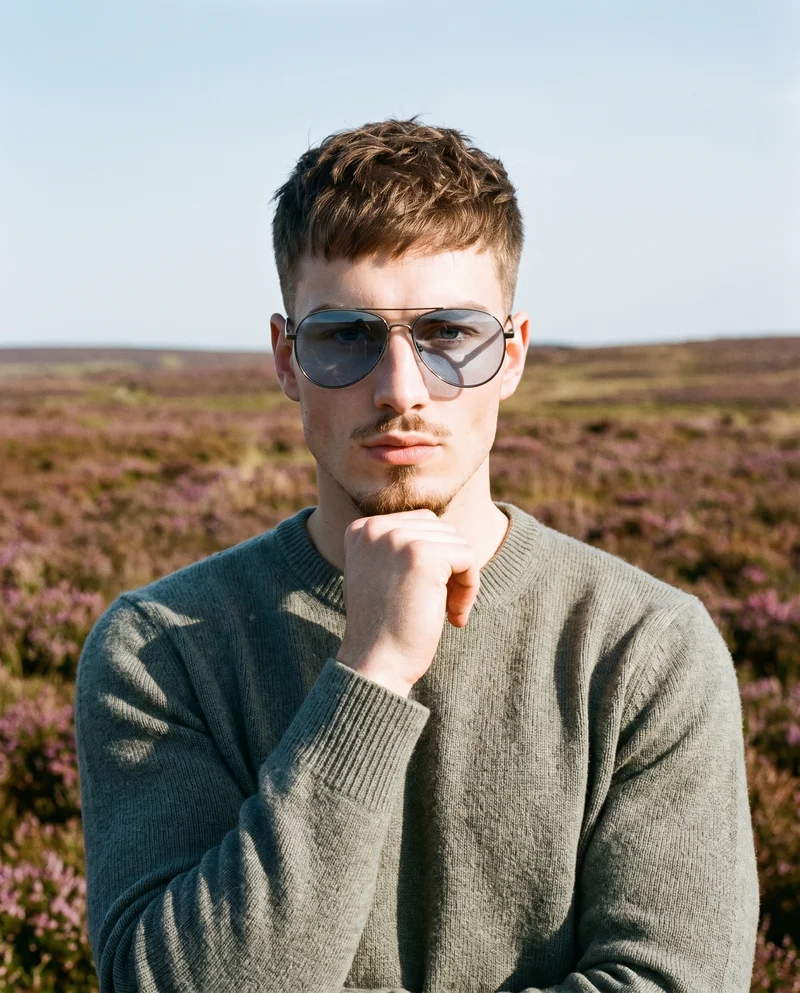 Men's Mirrored Sunglasses, Bust at Front, Flash Editorial lighting