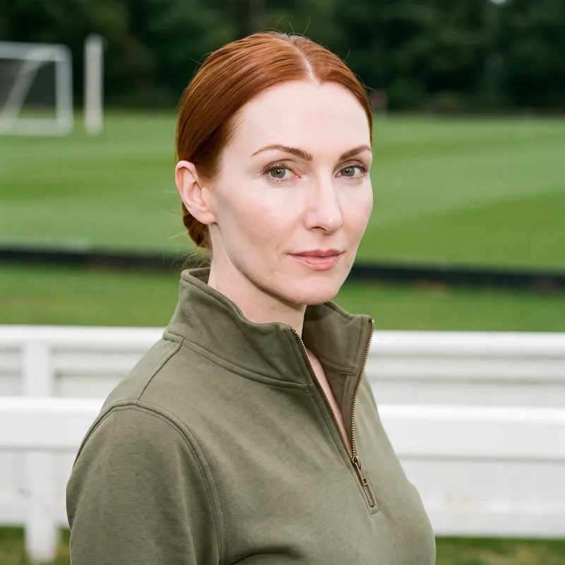 A 42-year-old Caucasian woman is shown in a bust-length, front three-quarter view wearing a women's olive quarter-zip. Her chin is lowered and her expression is natural. A polo field forms the backdrop.