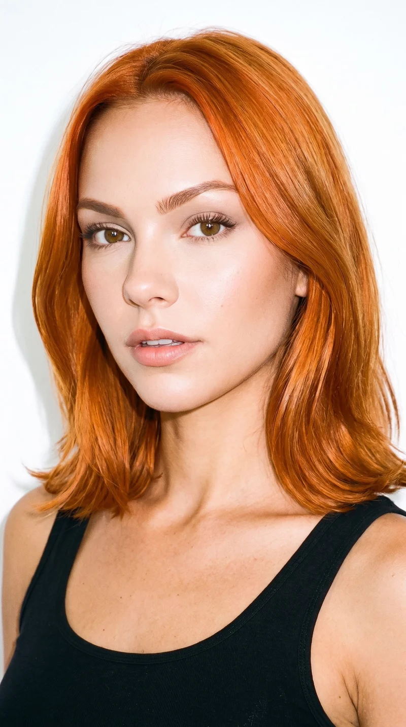 This 21-year-old Caucasian woman has lightly tanned, fair skin with a peach undertone. Her heart-shaped face has a wider forehead that narrows to a more pointed chin. She has medium-thickness eyebrows, brown eyes, and medium lips. Her vivid red hair is styled in a long bob that falls between her chin and shoulders.