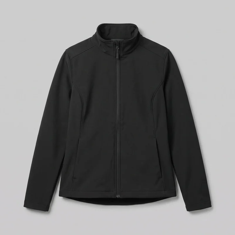 A black women's softshell jacket is shown from the front against a plain backdrop. It has a high stand collar, a full center-front zipper with a visible pull, long sleeves, paneled shoulder yokes, curved princess-style seams, vertical side panels, and two lower front inset hand pockets. The jacket has a tailored hip-length silhouette, a straight front hem, and a slightly longer curved back hem visible beneath.