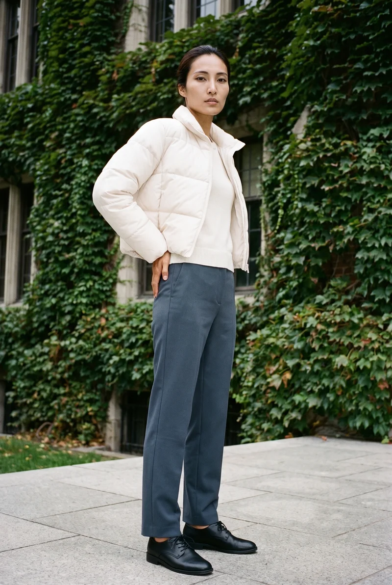 Women's Cream Cropped Puffer Jacket, Full body at Three-quarter, Natural E-Commerce lighting