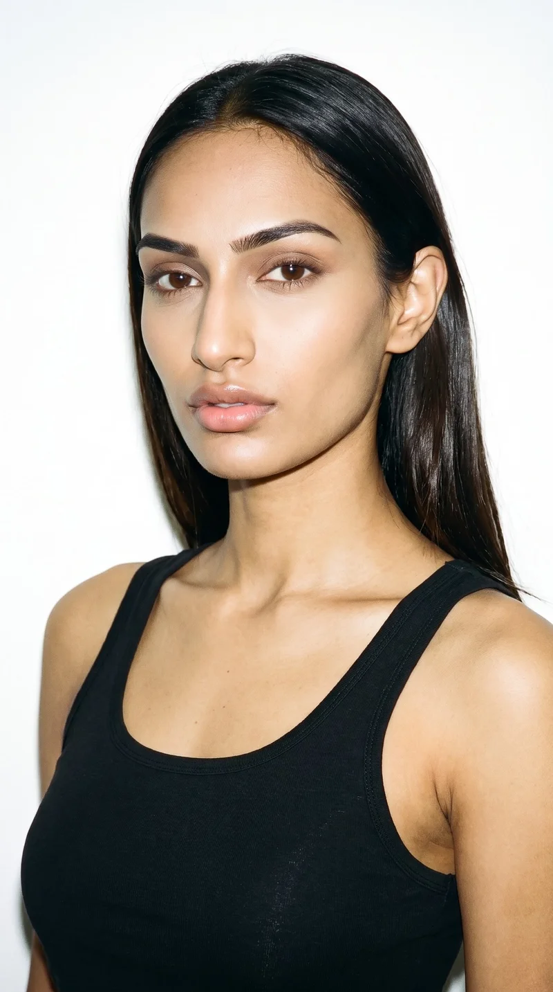 A 20-year-old Indian woman with a medium olive skin tone and greenish-golden undertone has a refined, elongated face with high cheekbones. She has thick eyebrows, brown eyes, and very full lips. Her dark-brown hair is straight, smooth, and divided evenly at the centre.