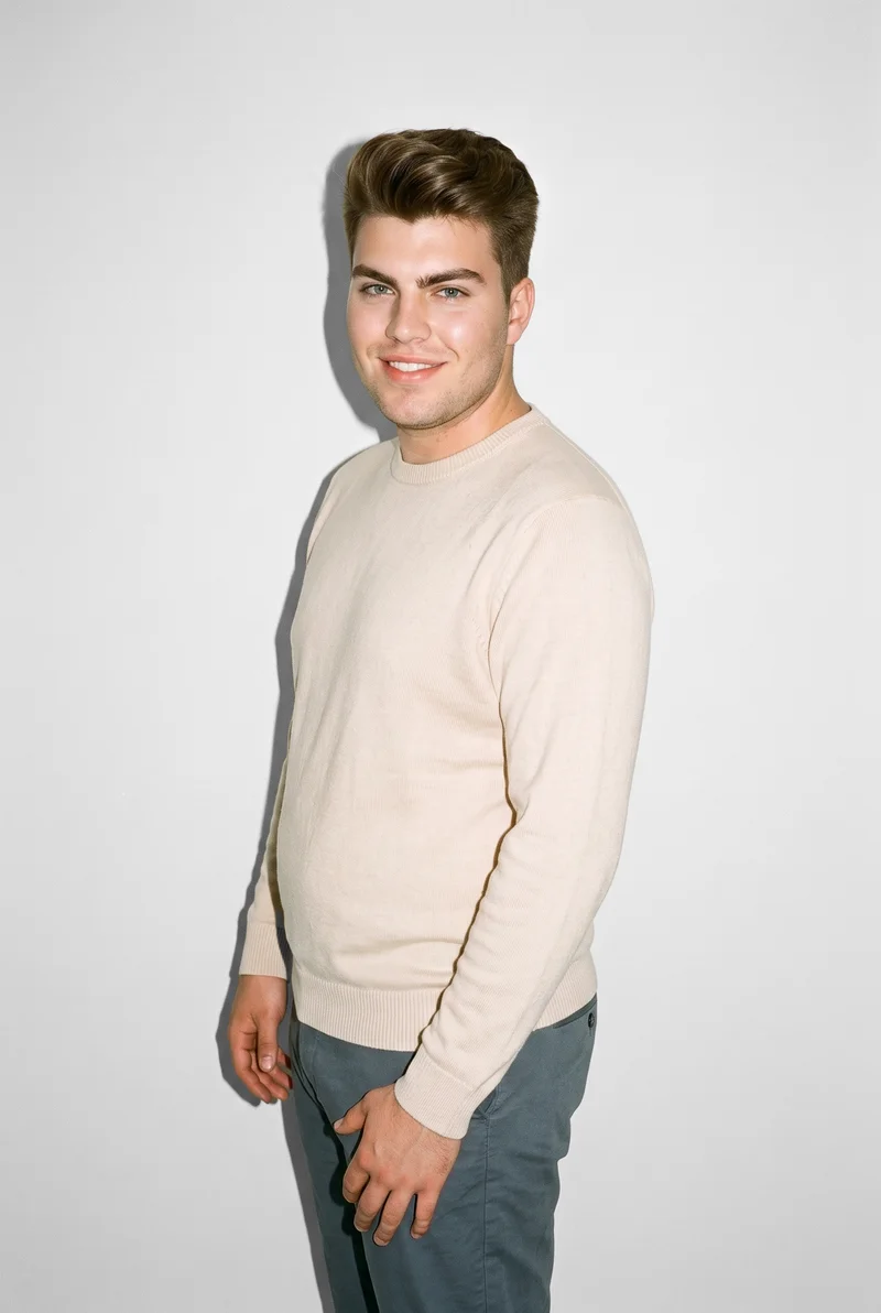 Men's Cream Cashmere Knit, Three-quarter length at Front, Natural E-Commerce lighting