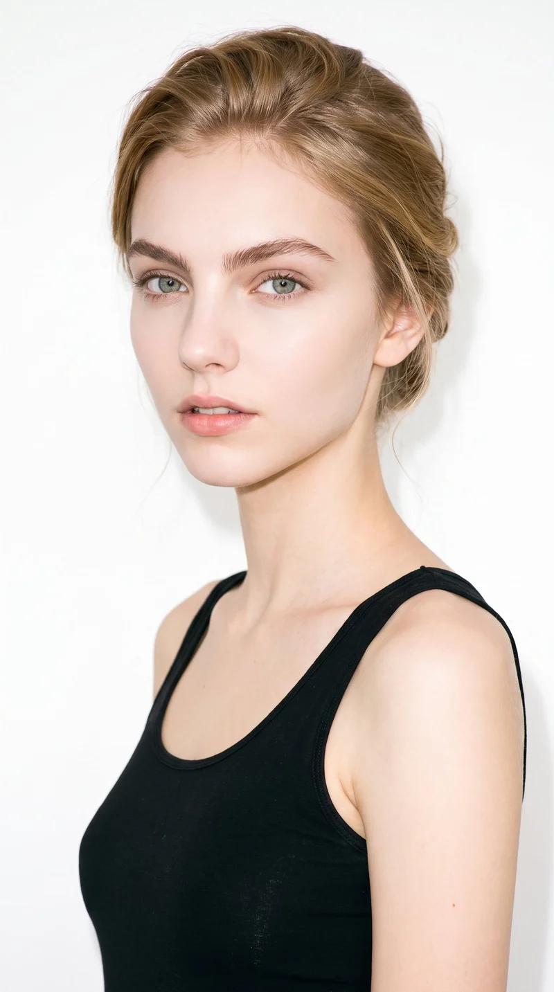 This 18-year-old Caucasian woman has porcelain skin with a warm golden undertone. Her face has a doll-like shape with large, even features and soft, rounded proportions. She has thick eyebrows, blue eyes with a cool undertone, and thin lips. Her warm honey-blonde hair is pinned up off the neck in a formal styled updo.