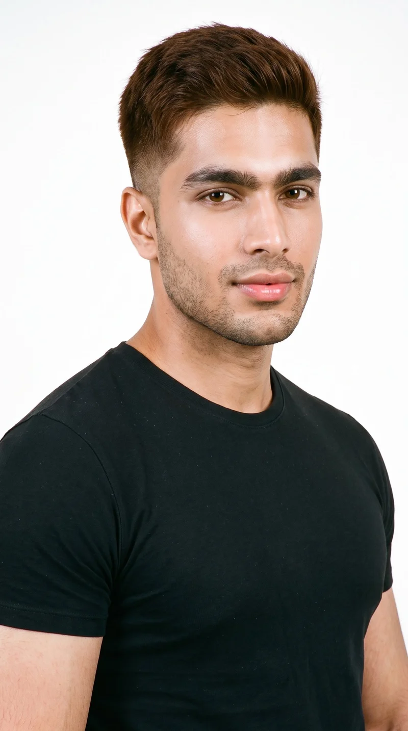 A 29-year-old Indian man with medium-brown skin and a warm golden cast has a softly refined, even-featured face. His thick eyebrows frame brown eyes, and his very full lips define the lower part of his face. His brown hair is styled in a taper, gradually shortening at the sides and neckline while retaining length on top. Fine, closely trimmed stubble lightly covers the beard area.