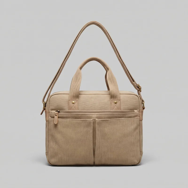 A structured rectangular beige canvas crossbody bag is shown in a standalone front view. It has two short top handles, a raised shoulder strap attached to side hardware, a horizontal upper zip pocket, and two lower slip pockets divided by a center seam.