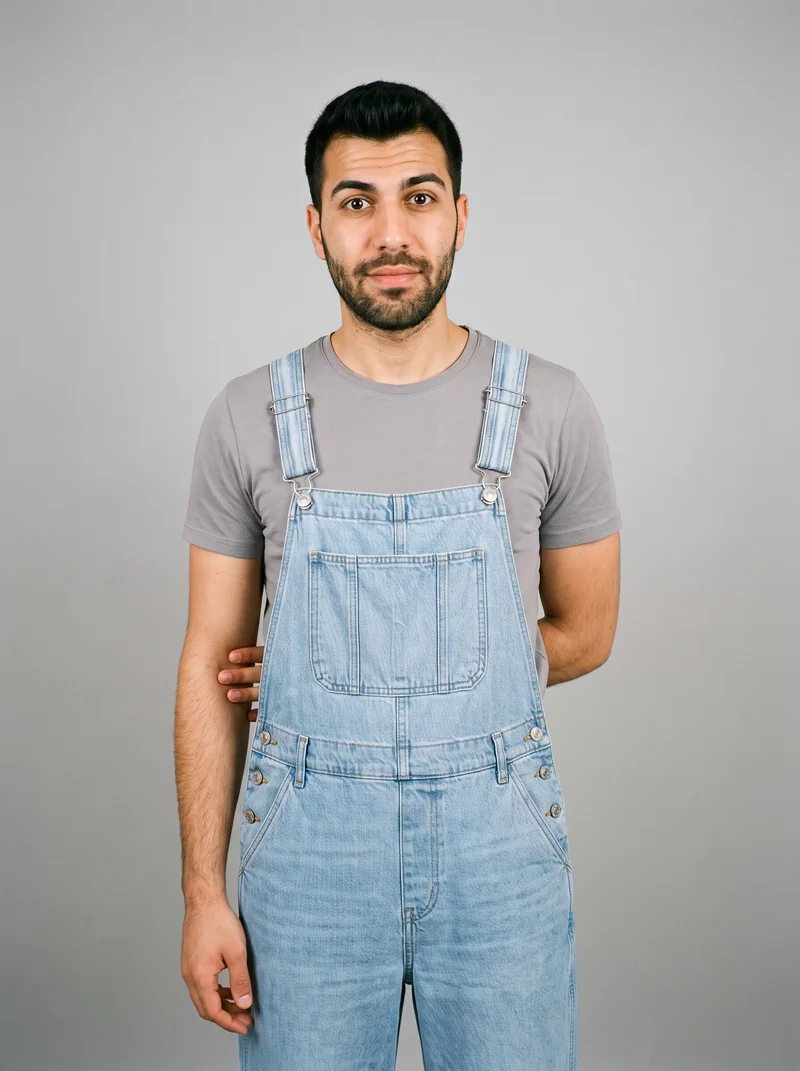 Men's Light Wash Denim Dungarees, Three-quarter length at Front, Natural E-Commerce lighting