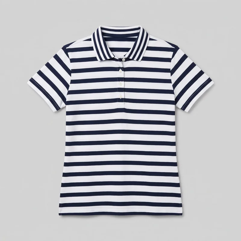 A women's striped cotton polo shirt is shown laid flat in a full front view. It has short sleeves, a fold-over striped collar, a short center button placket with four visible buttons, a slim waist-shaped silhouette, and a straight full-length hem.
