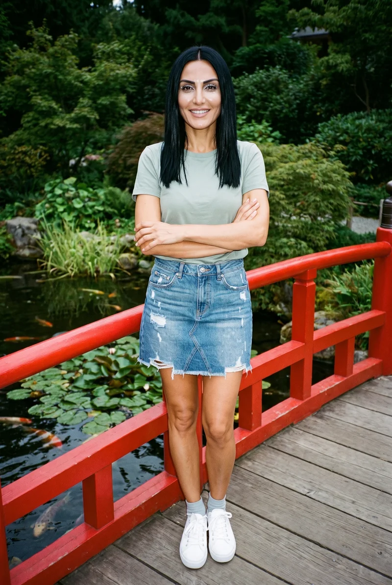 A 42-year-old Turkish woman models a distressed denim skirt in a full-body front view, standing with her arms crossed and smiling. A red koi pond bridge serves as the backdrop.