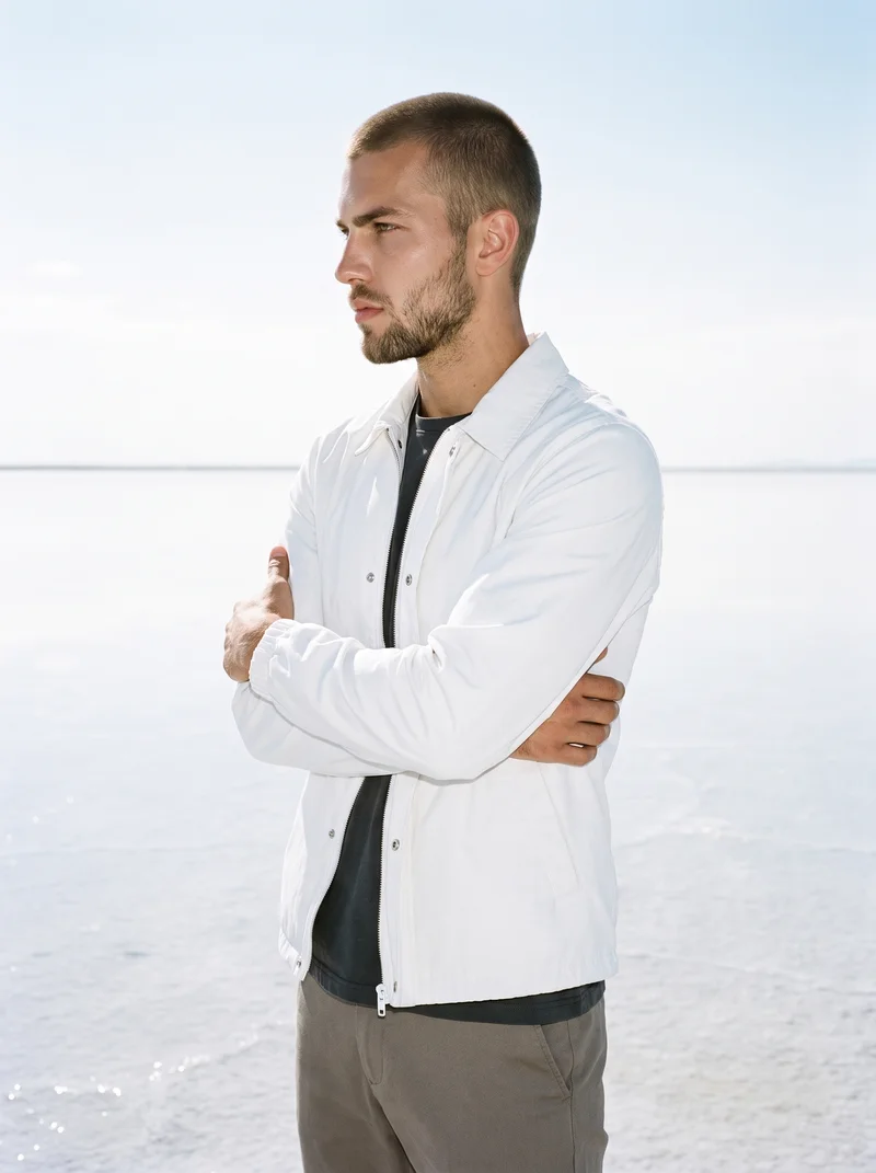 Men's White Windbreaker, Three-quarter length at Side, Clean Catalog lighting