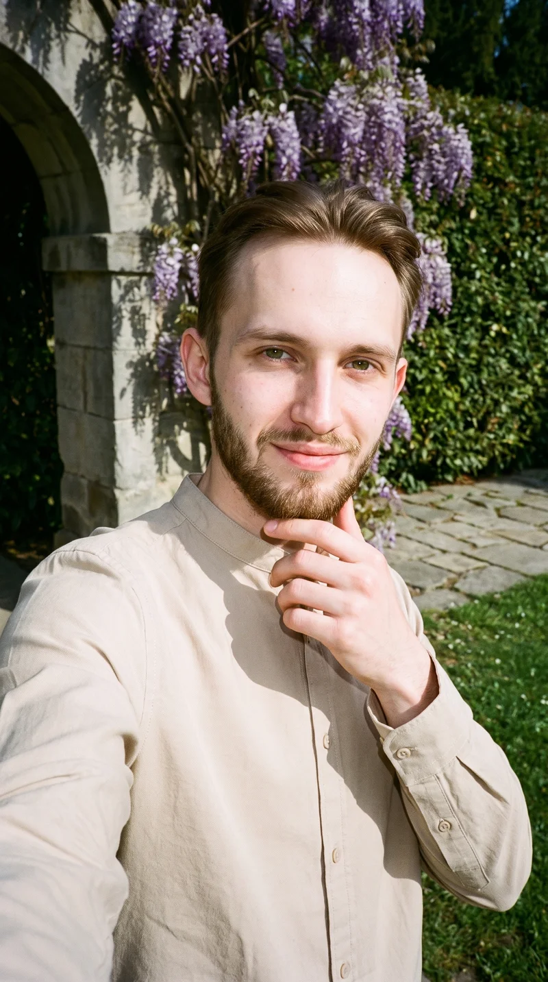 Beige Cotton Grandad Shirt, Selfie at Front, Flash Editorial lighting