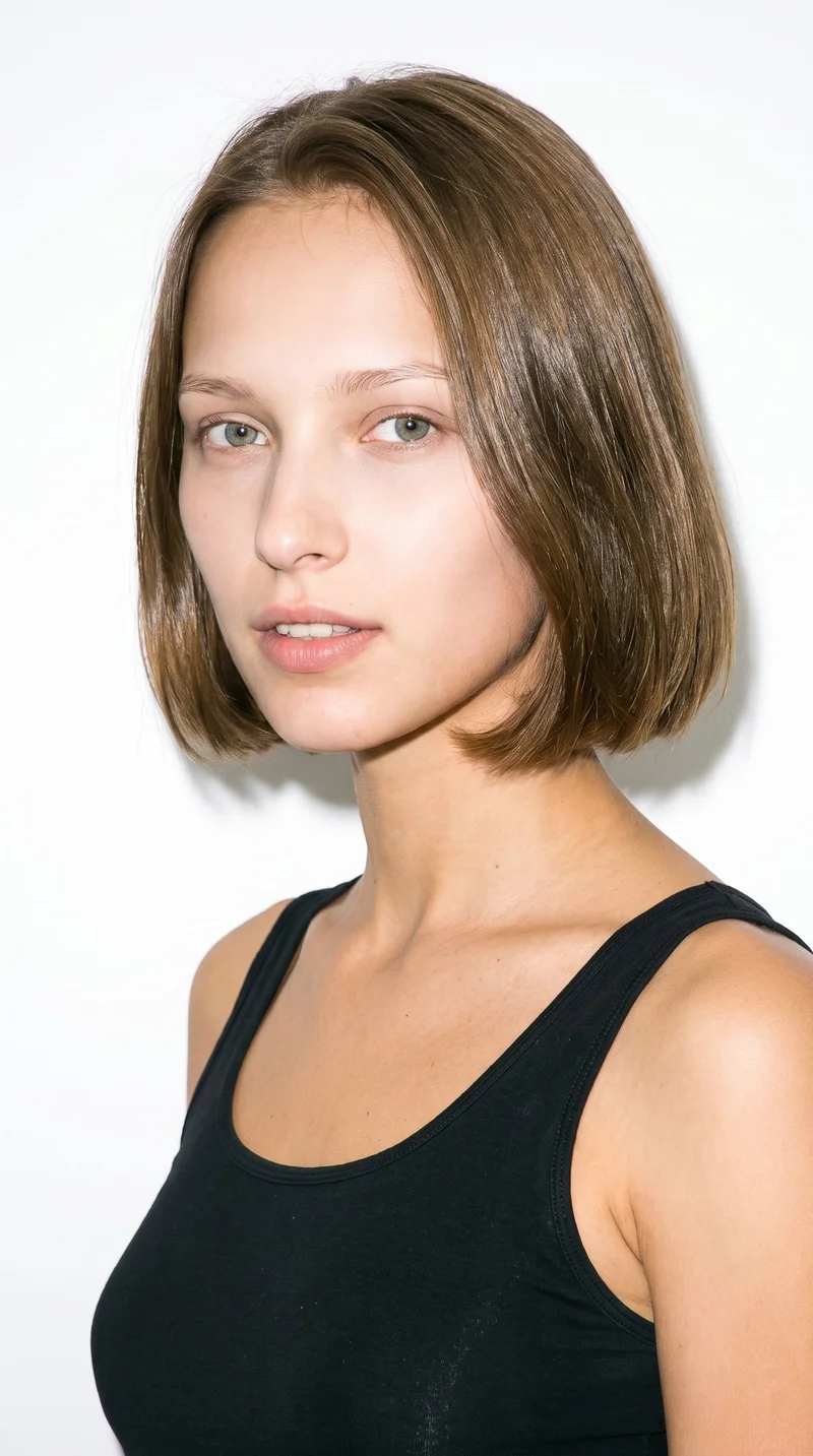 A 20-year-old Slavic woman with lightly tanned fair skin and a cool undertone. Her face has an inverted-triangle shape, with a wider forehead narrowing toward the chin. She has thin eyebrows, medium lips, and cool, clear grey eyes. Her neutral brown hair is cut in an even, structured bob at jaw-to-chin length.
