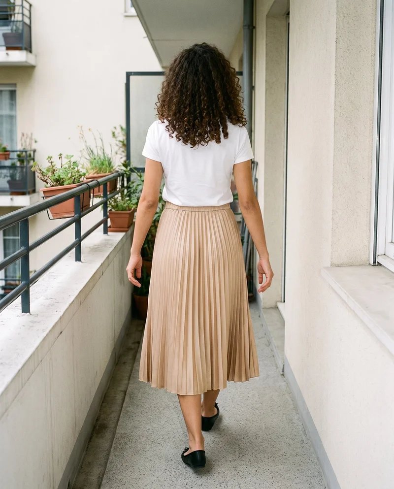 A 20-year-old Arab woman is shown full body from the rear while walking, wearing a pleated satin midi skirt. Balcony plants form the backdrop.