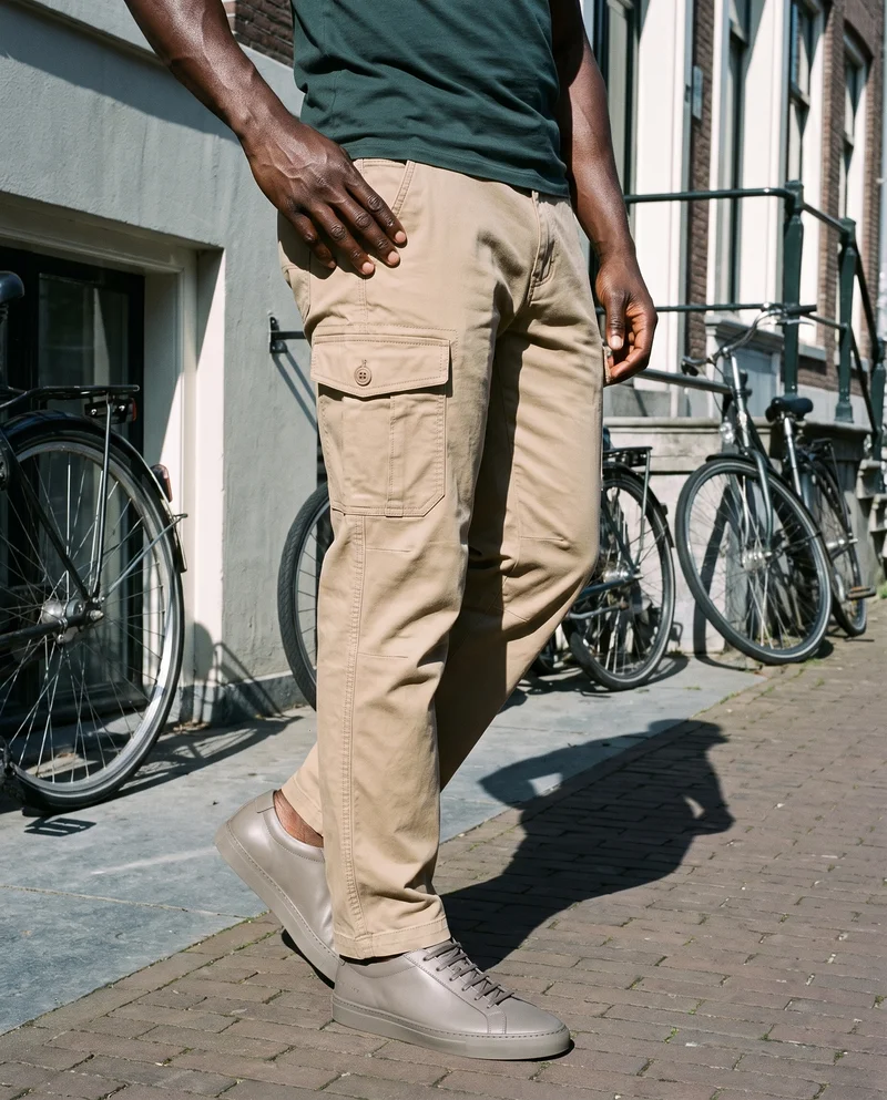 A male model wears men's khaki hiking trousers, shown in a lower-body crop from a front three-quarter angle with his weight shifted back. A canal bridge with bicycles forms the backdrop.
