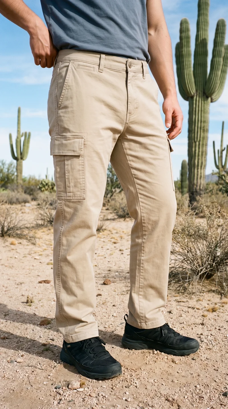 A male model wears beige cargo pants, shown from the lower body in a front view with his hips turned. A cactus desert backdrop is visible behind him.