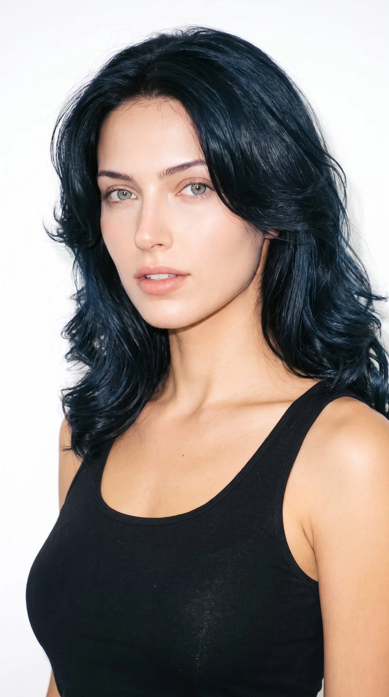 A 21-year-old Caucasian woman with lightly tanned fair skin and a neutral undertone. Her face has large, even features with soft, rounded proportions, thin eyebrows, medium lips, and blue eyes with a cool undertone. Her black hair is styled in voluminous layers blown outward, full at the crown and sides.