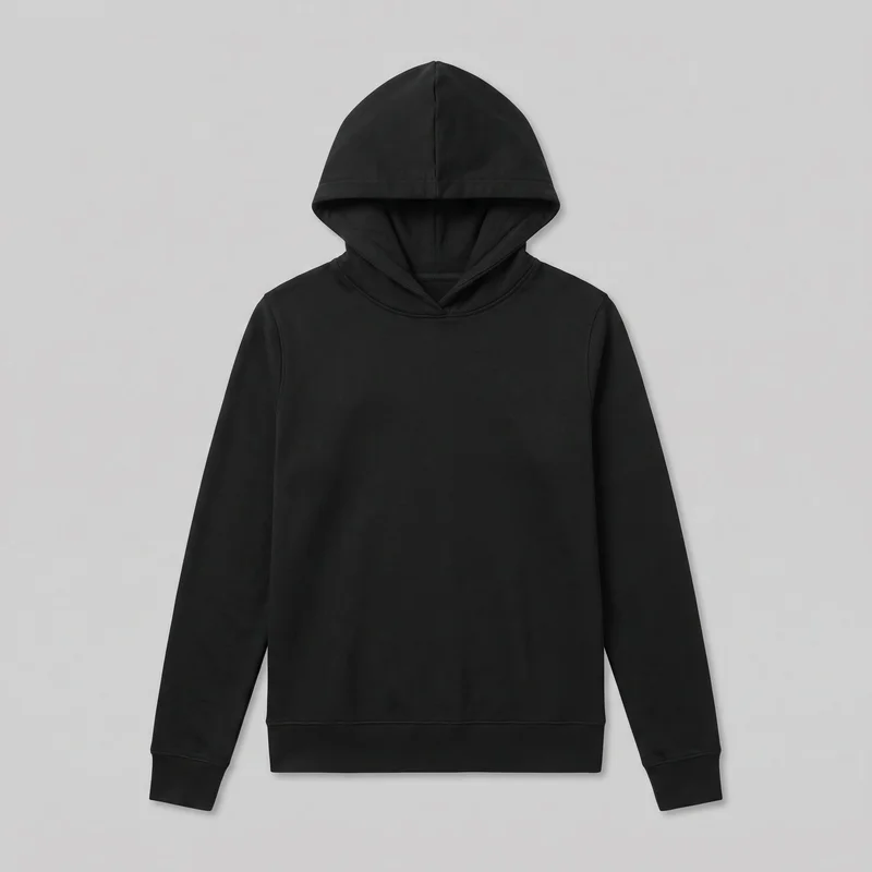 A women's black pullover hoodie is shown laid flat in a mostly complete front view. It has an attached hood with an overlapping front opening and center crown seam, long sleeves with fitted cuffs, set-in shoulders, and a straight lower hem with a ribbed waistband. The front is plain, with no visible pocket, closure, logo, print, patch, embroidery, or embellishment.