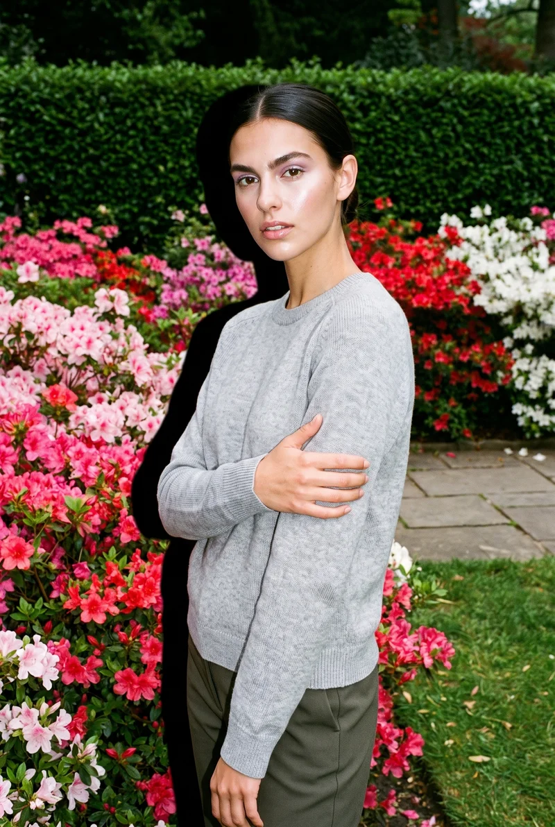 A 22-year-old Caucasian woman wears a women's grey cashmere knit in a three-quarter-length frame, shown from a front three-quarter angle with one arm held. Her expression is natural, and an azalea garden forms the backdrop.