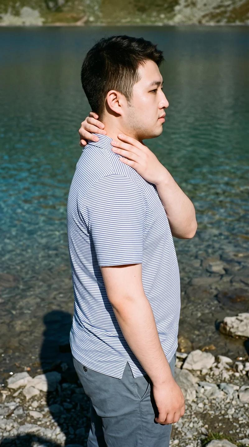 A 24-year-old Chinese male model wears a men's striped cotton polo shirt in an upper-body side view, with his hands on his neck and a natural facial expression. An alpine lake shore forms the backdrop.