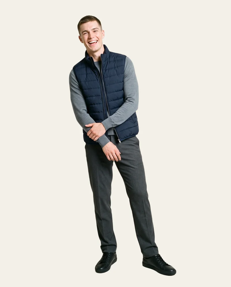 Men's Navy Padded Gilet, Full body at Three-quarter, Studio Cutout lighting