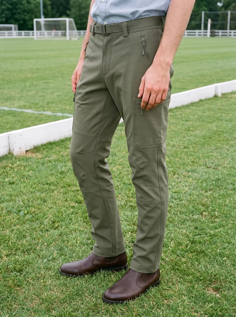 Men's olive softshell hiking trousers shown on a male model in a lower-body side view with his knees turned inward. A Polo Field backdrop is visible.