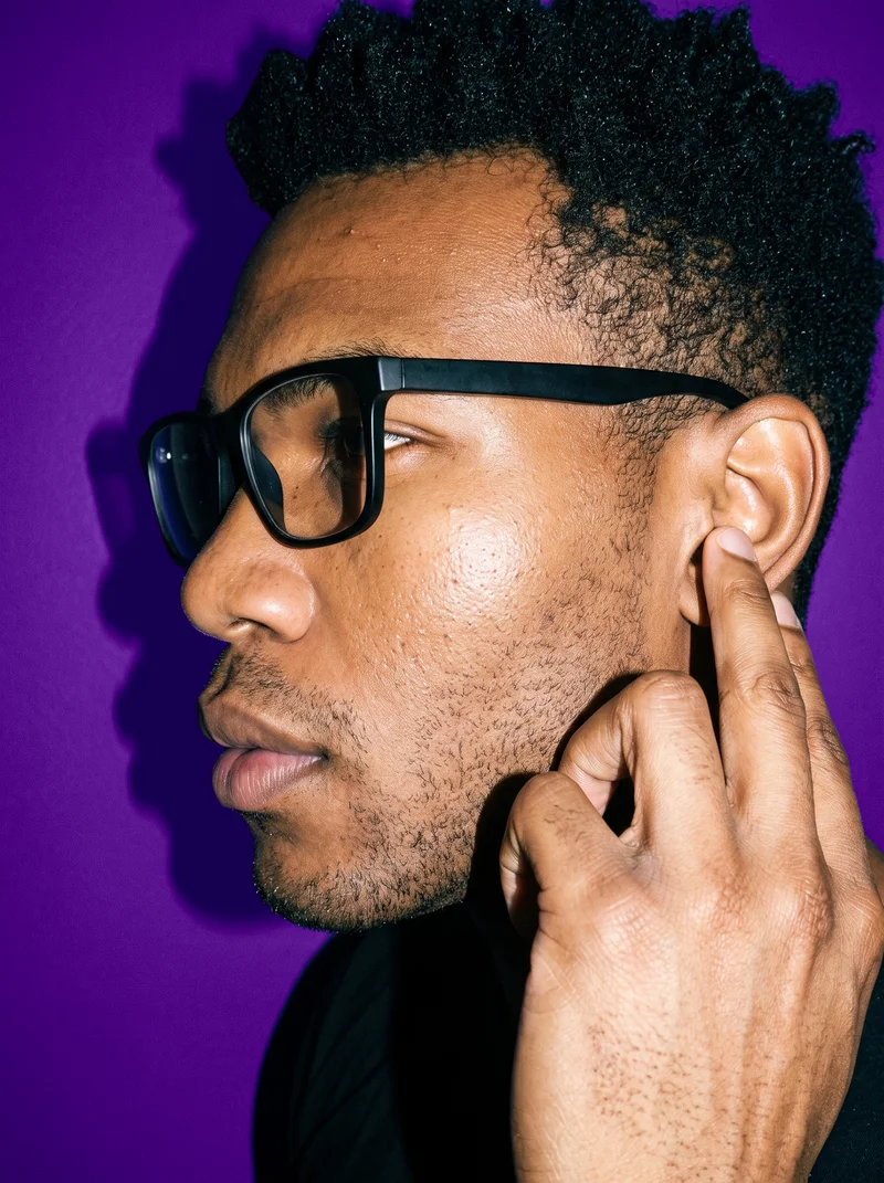 Men's Black Rectangular Optical Frame, Ear at Side, Flash Editorial lighting