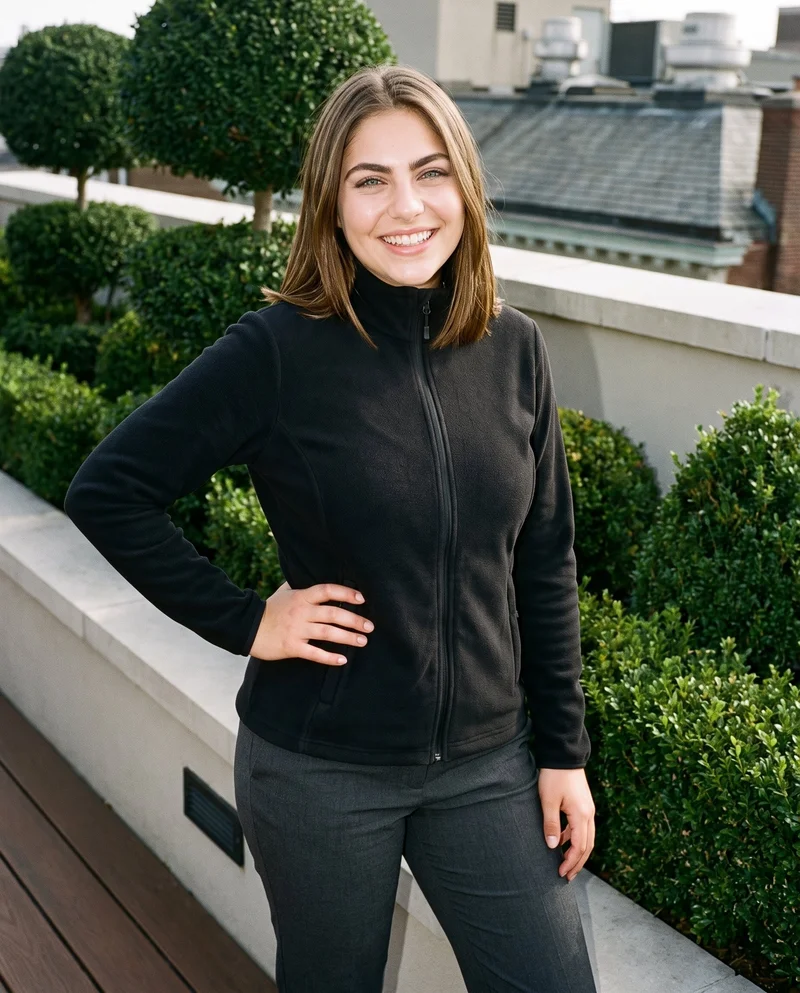 A 20-year-old Caucasian woman wears a black fleece jacket in a three-quarter-length, angled front view. She stands with one hand on her hip and a grin, against a rooftop garden backdrop.