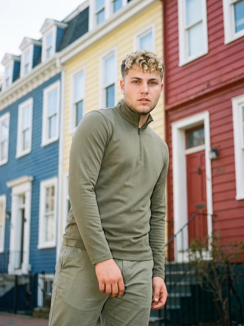 An 18-year-old Caucasian male model wears a men's olive quarter-zip in a front view, framed from three-quarter length with a waist twist and a neutral expression. A Charleston Rainbow Row backdrop is visible behind him.
