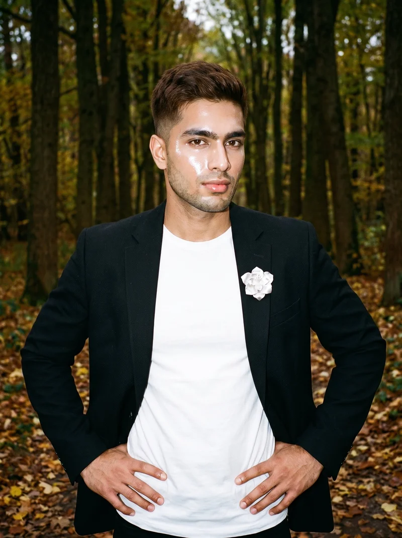 A 29-year-old Indian man is shown from the front in an upper-body view, standing with his hands on his hips and wearing a men's silver floral brooch. His expression is confident, with an autumn forest backdrop.