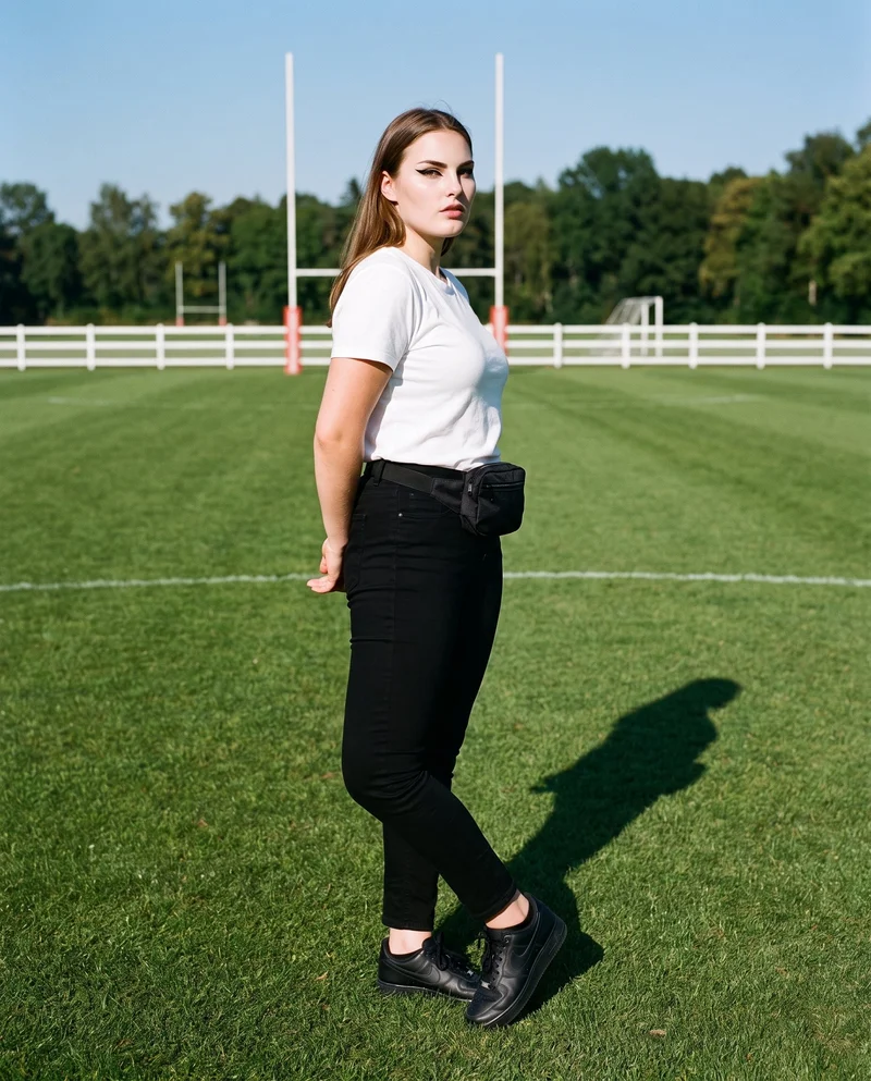 An 18-year-old Caucasian woman models a women's nylon bum bag in a full-body angled front view, standing with her hands behind her back and a sultry expression. A polo field forms the backdrop.