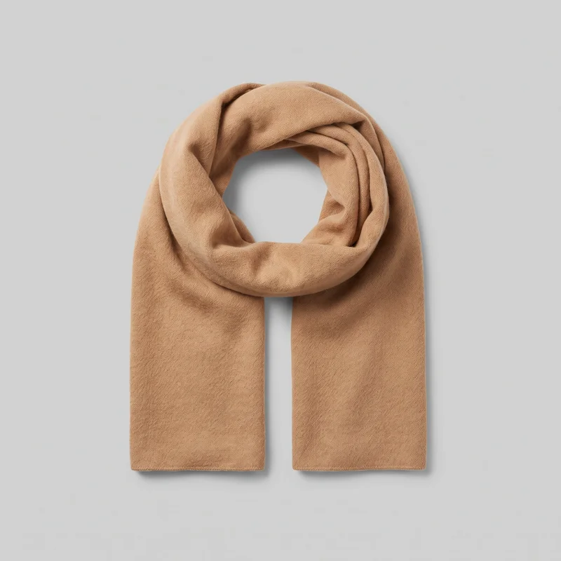 A plain rectangular camel cashmere scarf is arranged in a loose loop with two straight ends hanging downward. Its fine, even woven surface forms soft folds through the loop, and the ends are finished with narrow straight hems without fringe or visible embellishments.