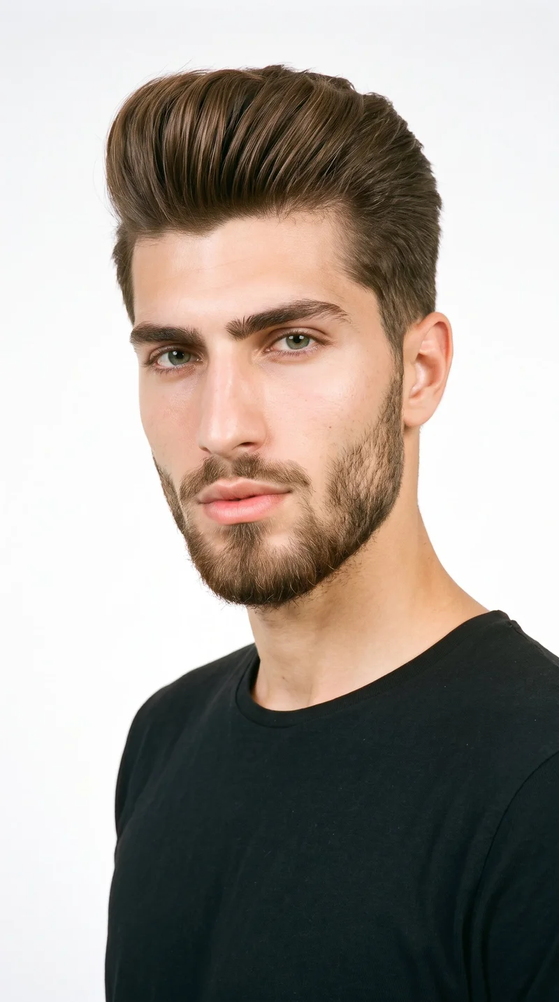 A 19-year-old Turkish man with medium olive skin and a greenish-golden undertone. His chiseled face has sharp, angular features, a defined jaw, and pronounced cheekbones. He has thick eyebrows, hazel eyes with green-gold flecks, and full lips. His neutral brown hair is swept upward and back in a voluminous pompadour above the forehead, and he wears a short, full beard trimmed evenly with clean cheek and neckline edges.