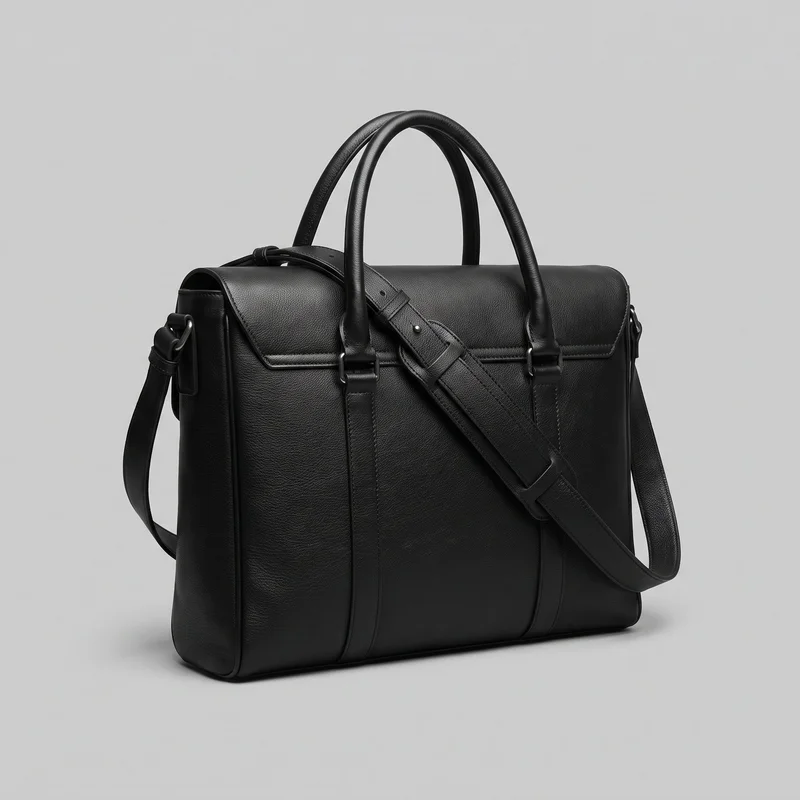 A structured black leather messenger bag is shown in a standalone three-quarter view, with its boxy rectangular body, flat base, rounded side edges, and top flap visible. Two arched handles, vertical strap tabs, metal loops, side hardware, and a wide adjustable shoulder strap crossing diagonally over the front are shown. Stitched trim, raised piping, front panel seams, and buckle-style strap hardware are visible.