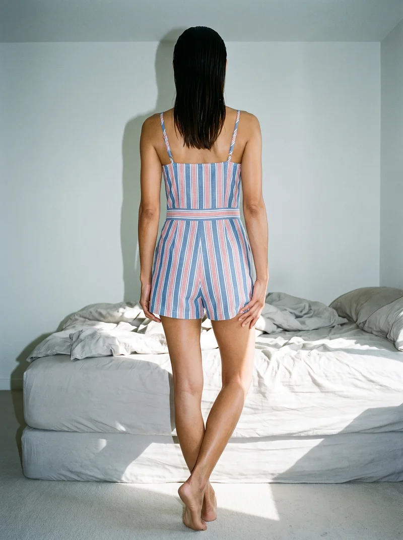 Striped Playsuit, Environmental at Back, Flash Editorial lighting