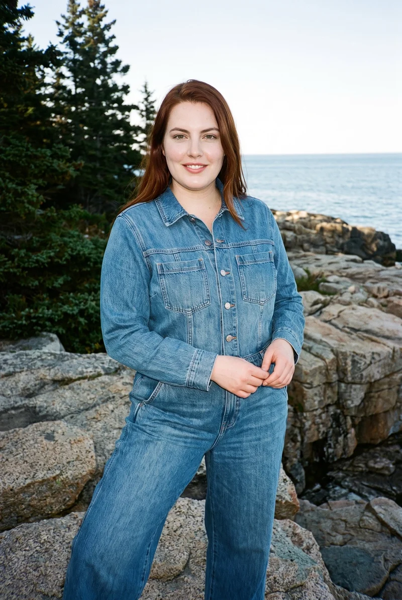 A 23-year-old Caucasian woman models a women's denim boilersuit in a three-quarter-length, angled front view, with her hands in front and a smile. Coastal rocks form the backdrop.