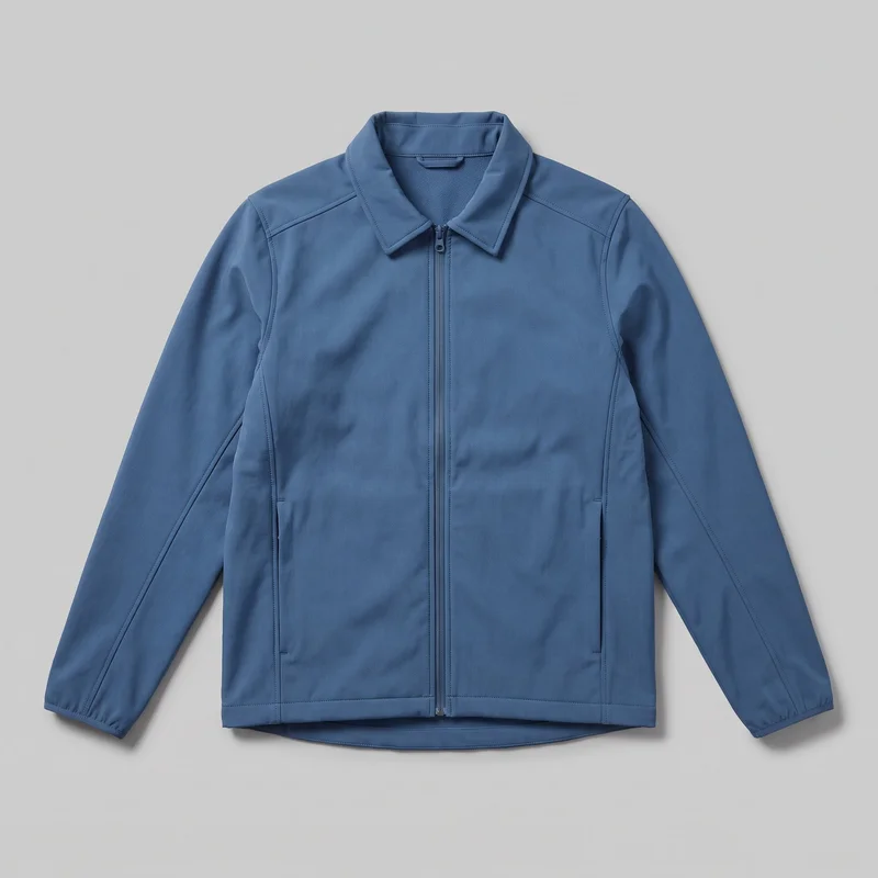 A men's blue softshell jacket is shown laid flat in a mostly complete front view. It has a pointed fold-over collar, a full-length center zipper, set-in sleeves with narrow cuffs, vertical panel seams, shoulder yoke seams, visible topstitching, and two vertical welt hand pockets near the lower sides. The straight front hem and slightly dropped curved back hem are visible, with no logos or other embellishments.