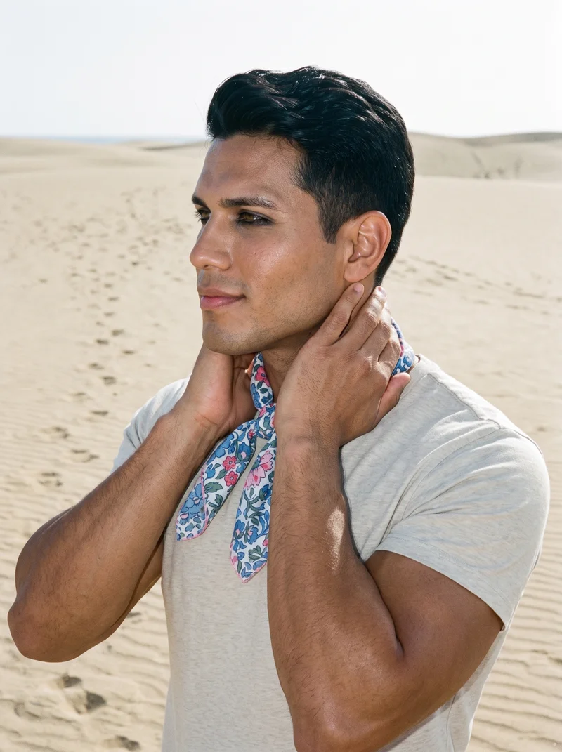 Floral Print Pocket Square, Upper body at Side, Clean Catalog lighting