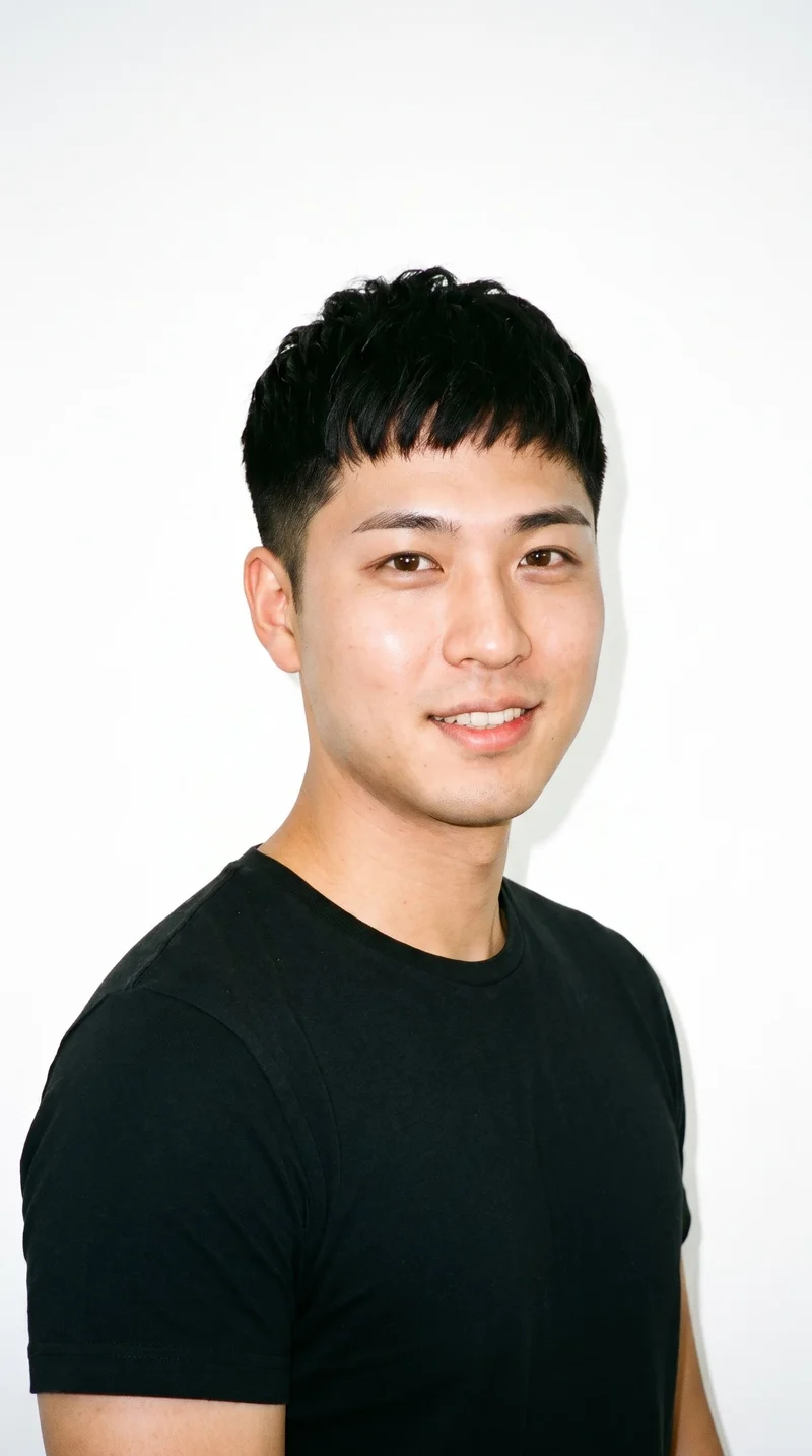 A 28-year-old Japanese man with East Asian facial features, lightly tanned fair skin with a warm yellow undertone, and a round face defined by soft, full contours and few angles. He has thin eyebrows, brown eyes, medium lips, and a clean-shaven face. His deep black hair is styled in a French crop with short sides and a short, blunt fringe.