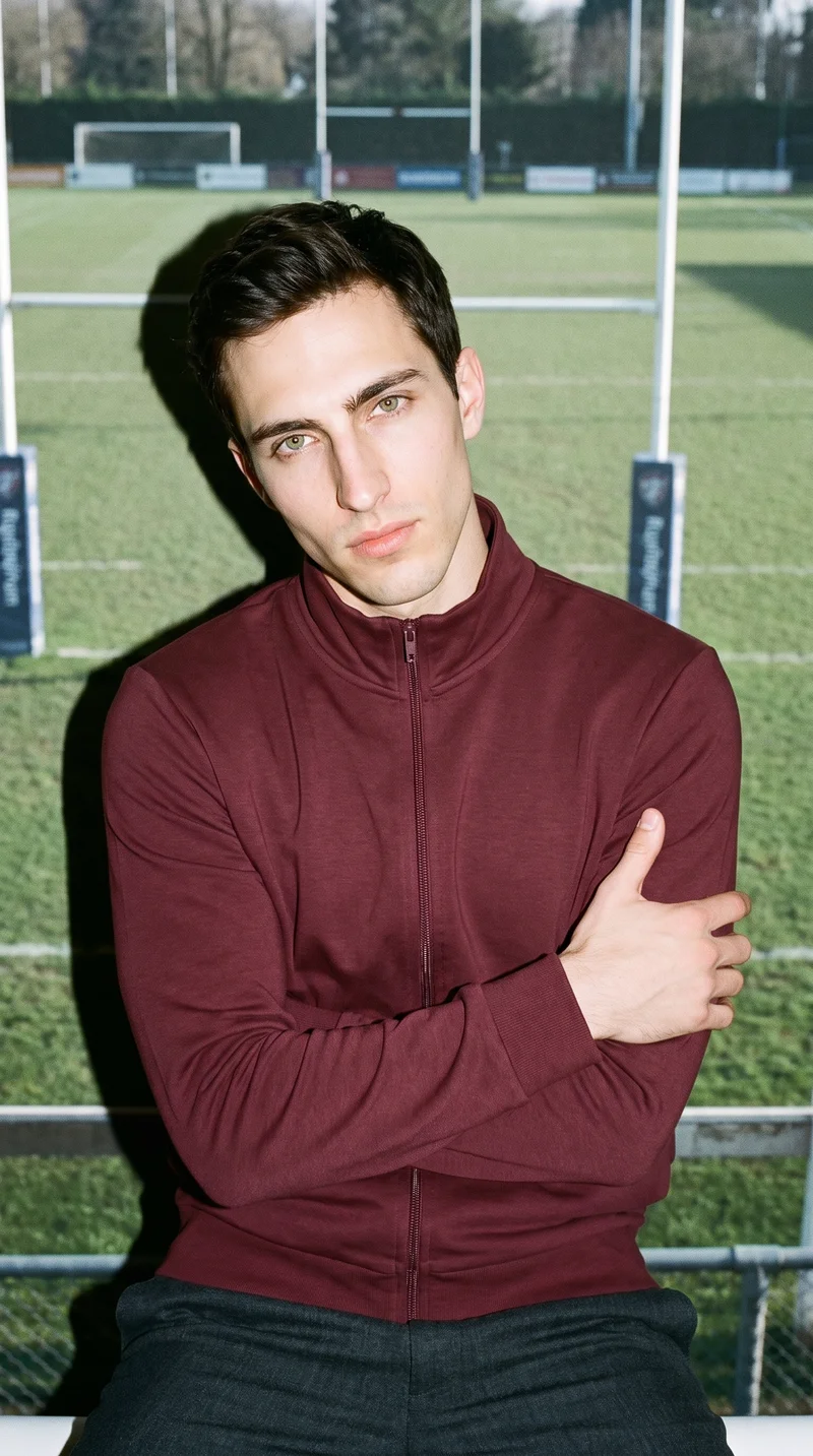 A 20-year-old Caucasian man wears a burgundy tracksuit top in an upper-body view from a front three-quarter angle. He poses with a self-hug gesture and a natural facial expression, with a rugby field backdrop.